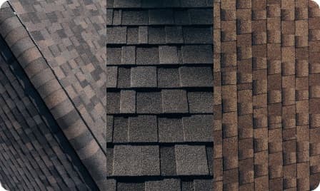 Three close-up views of shingle and tile roofing materials